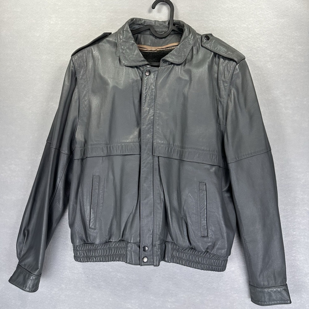 Biker Jacket Gray Leather 80s Style Removable Liner Men's 44 Chessking Vintage